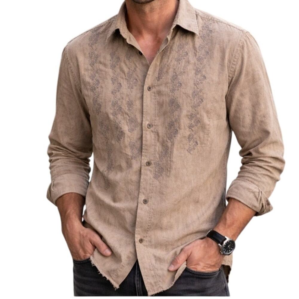 Roar Button Up Shirt Garment Dye Embroidered Raw Hem Streetwear Western Buckle